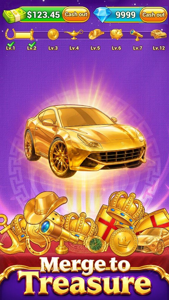 Merge to Treasure title screen with a metallic gold sports car